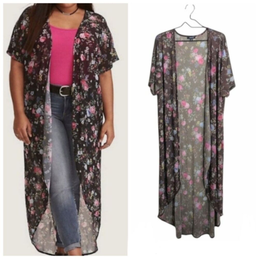 Torrid Mesh Floral Long Kimono Duster Cover-Up Size 1/2 Brown Pink Lightweight